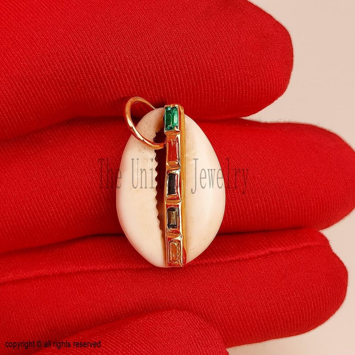 925 Sterling Silver Natural Sea Shell Multisapphire Baguette Charm Pendant Jewelry