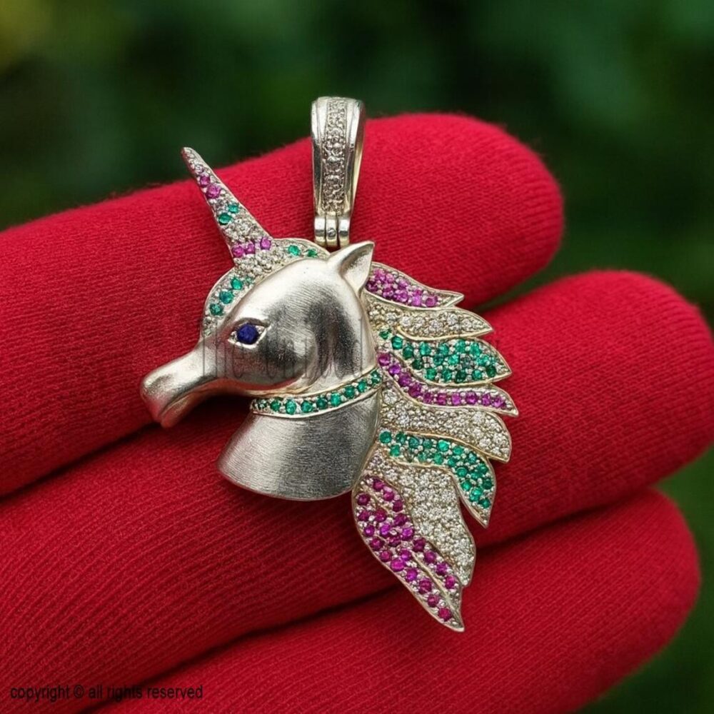 Handmade 925 Sterling Silver Designer Unicorn Multi Sapphire Pendant Necklace Jewelry