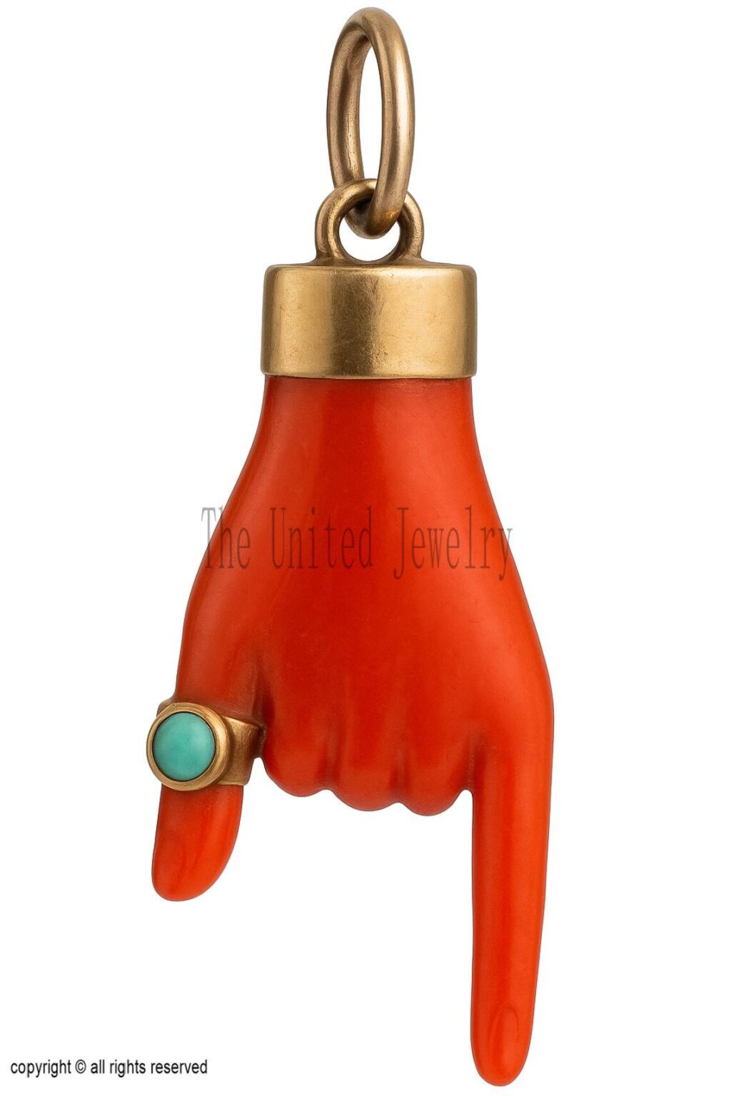 925 Sterling Silver Figa Hand Pendant, Coral & Turquoise, Good Luck Charm
