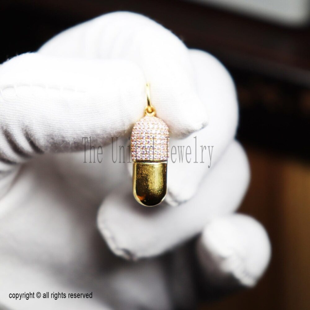 925 Sterling Silver Capsule Pendant • Gold Plated Pill Charm • Micro Pave CZ Diamond Capsule