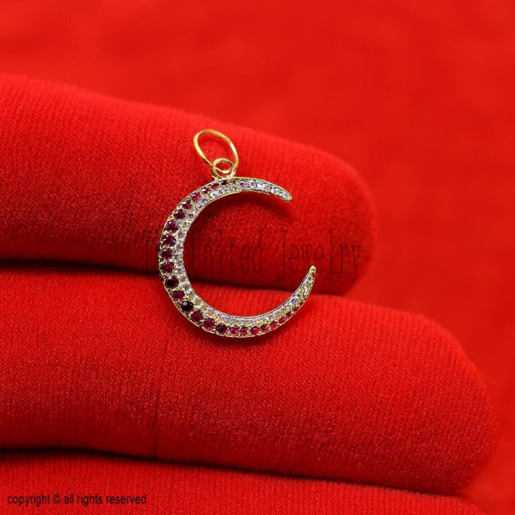 Gold Plated Crescent Moon Pendant • Ruby & CZ 925 Sterling Silver Charm