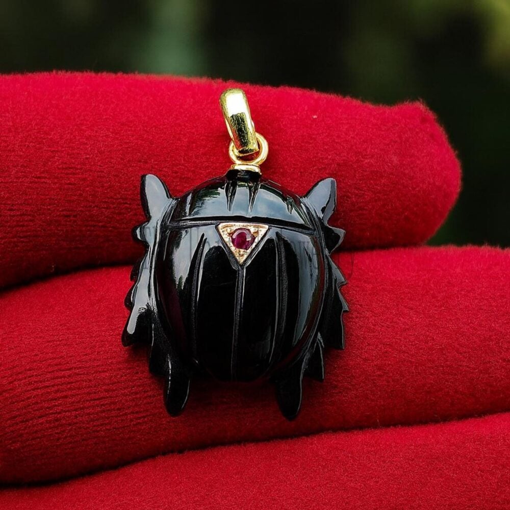 925 Sterling Silver Yellow Gold Plated Beetles Insect Carving Charm Pendant