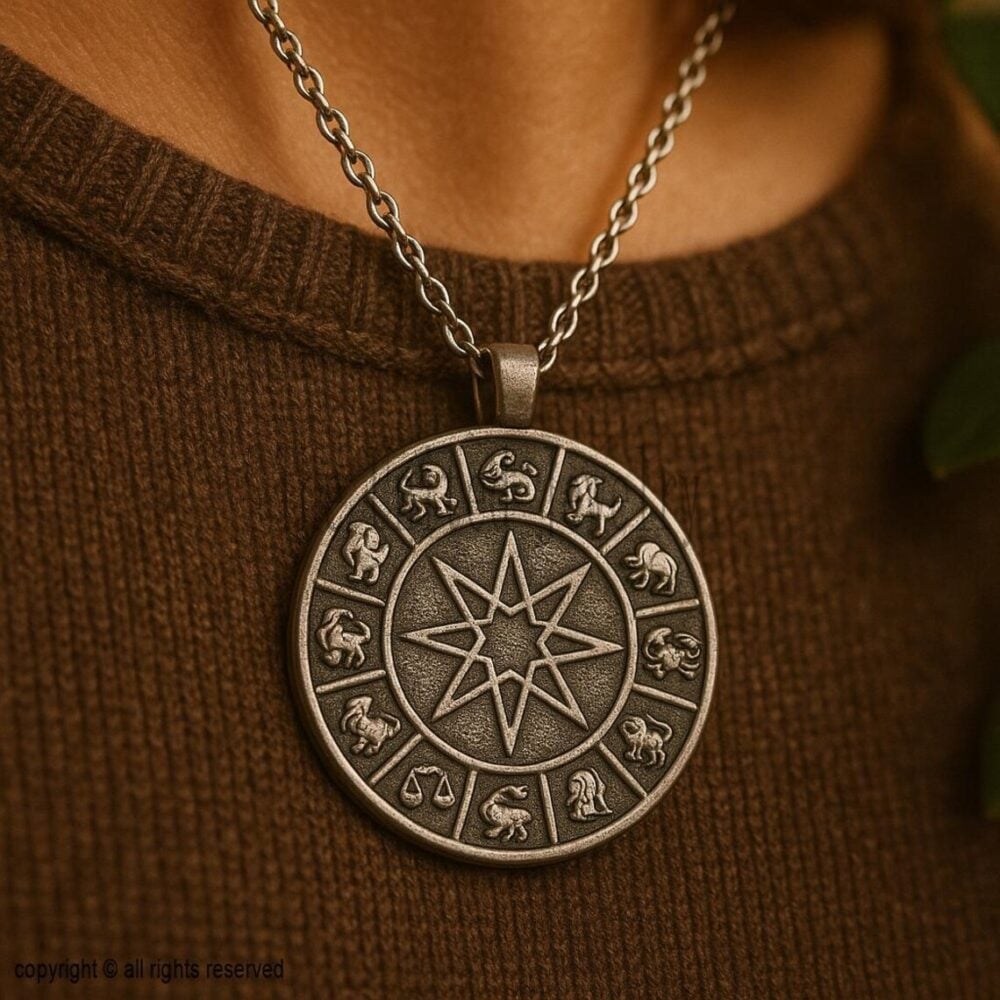 Antique Silver Zodiac Wheel Pendant | 12 Astrology Signs Necklace | Celestial Horoscope Medallion