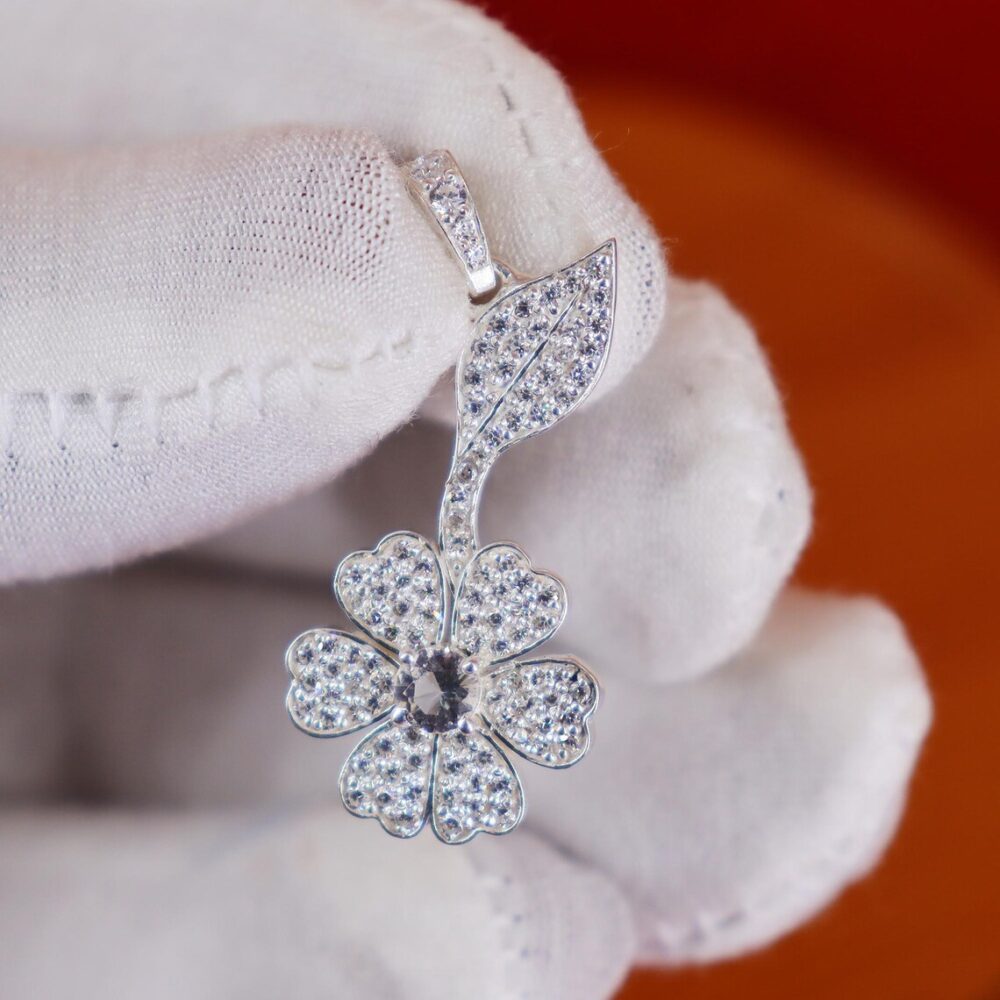 Handmade 925 Sterling Silver Pave Diamond Flower With Leaf Charm Pendant Jewelry