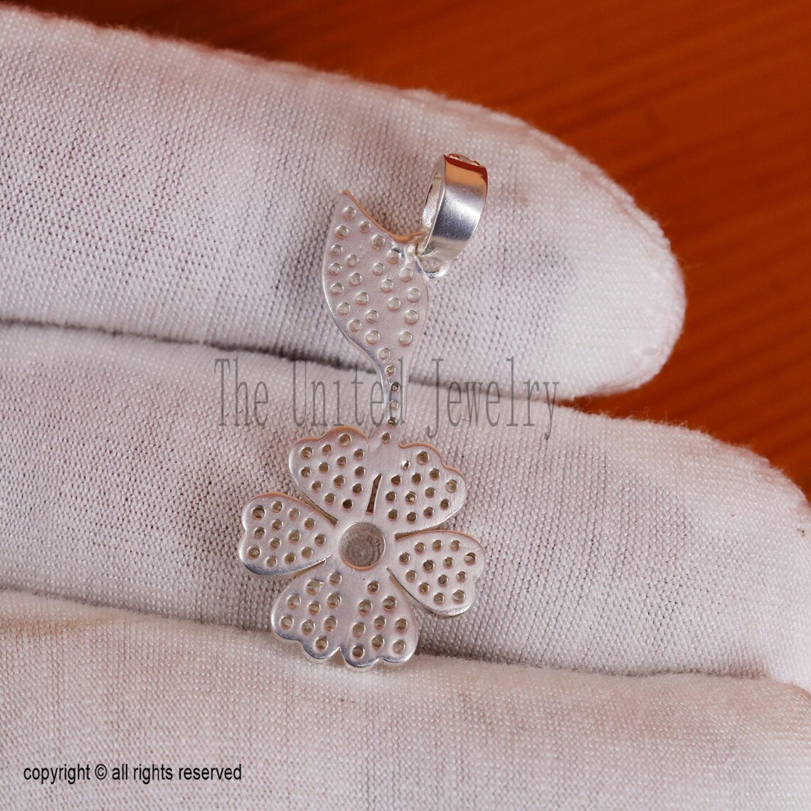 Handmade 925 Sterling Silver Pave Diamond Flower With Leaf Charm Pendant Jewelry