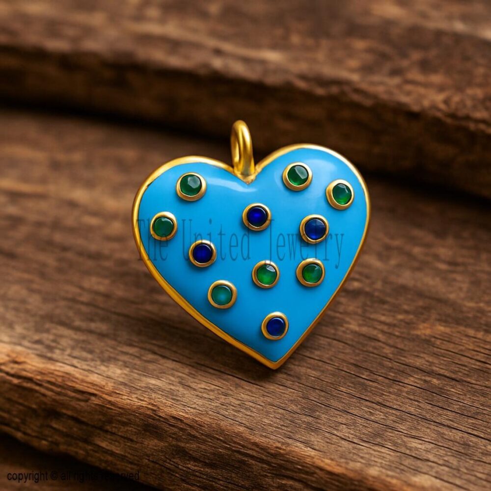 14K Gold Plated Turquoise Heart Pendant • Bezel-Set Green & Blue Stones