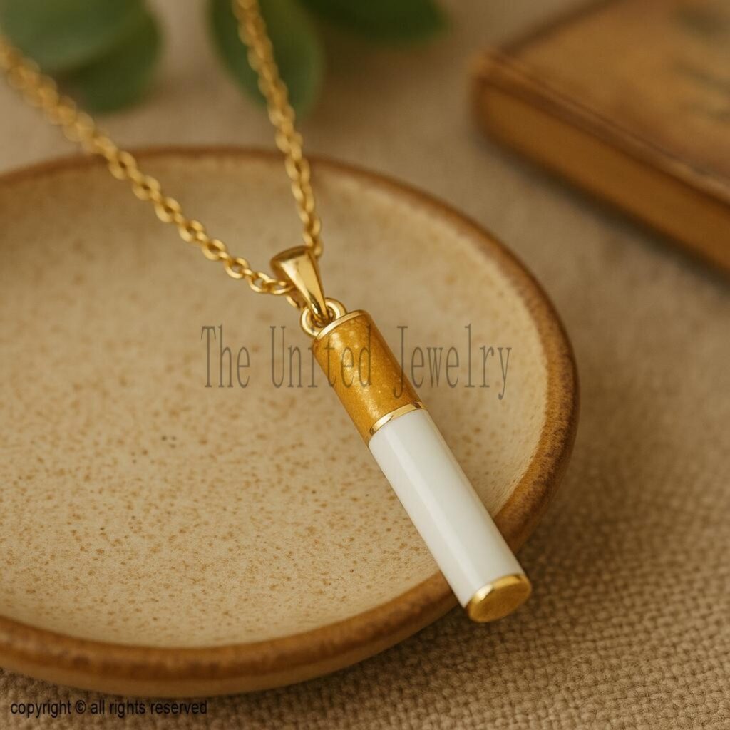 925 Sterling Silver Enamel Cigarette Pendant Necklace – Gold Plated Minimalist Charm, Retro Style Pendant,