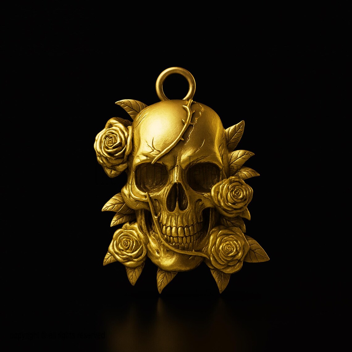Gold Plated 925 Sterling Silver Rose Skull Pendant Necklace, Floral Skull Charm, Gothic Statement Jewelry Gift