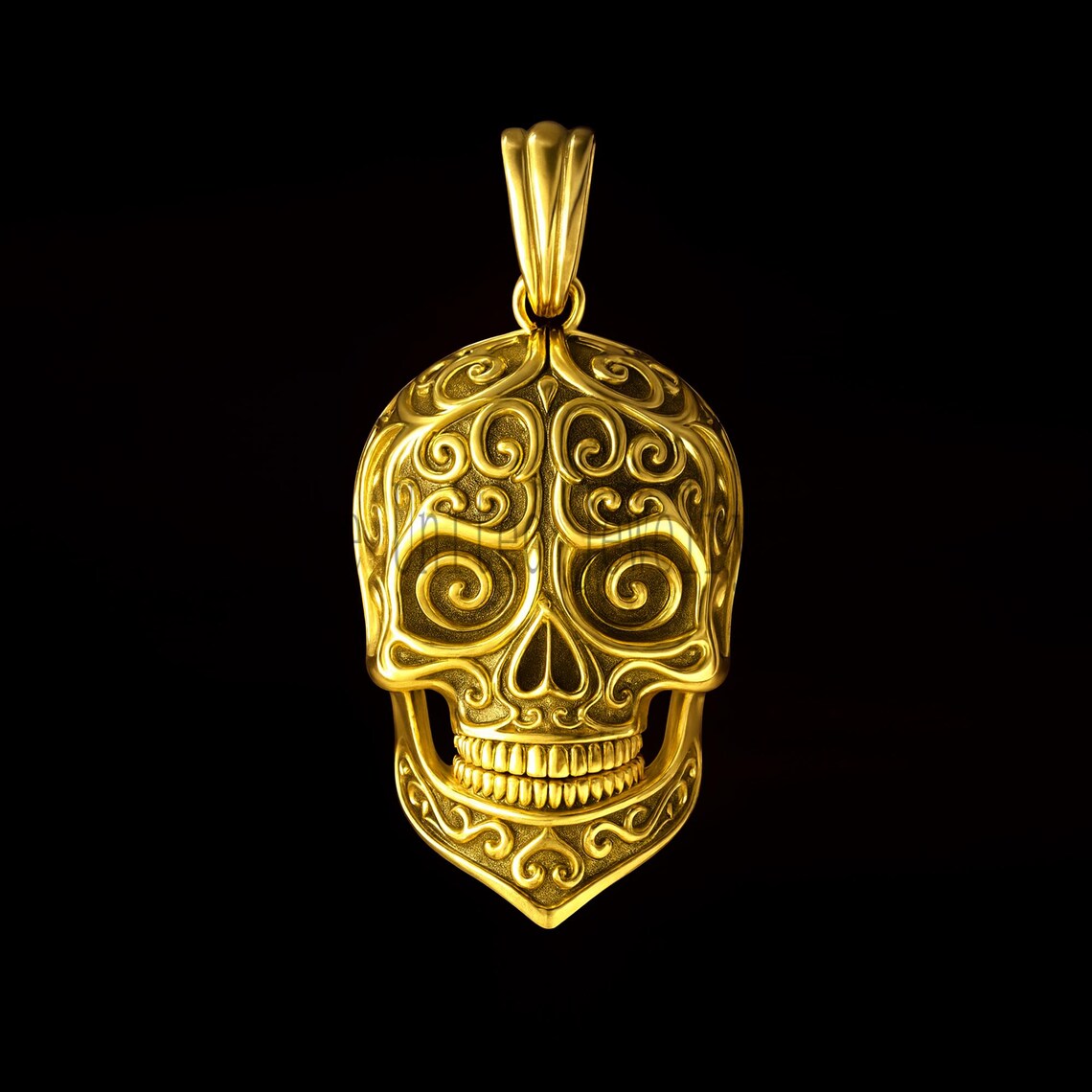 Gold Plated 925 Sterling Silver Ornate Skull Pendant Necklace, Carved Skull Charm, Gothic Statement Jewelry Gift