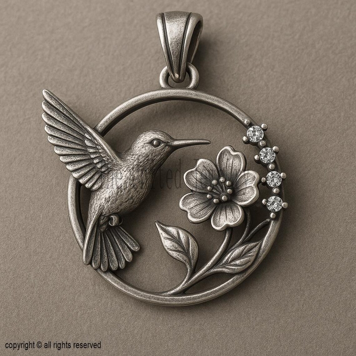 925 Sterling Silver Bird Flower Pendant, Nature Inspired Hummingbird Necklace
