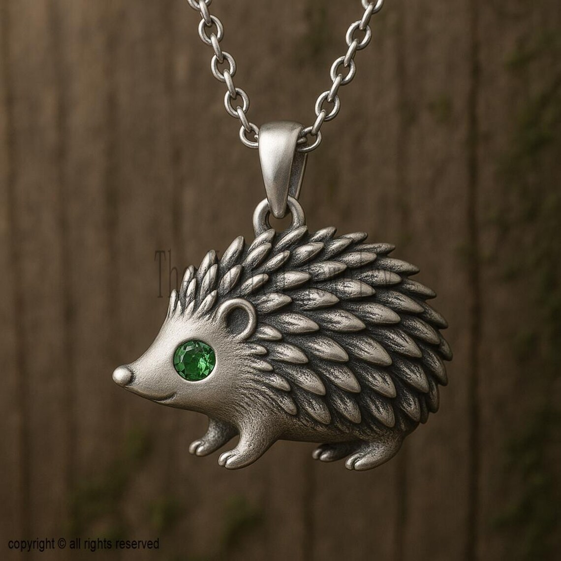 925 Sterling Silver Hedgehog Pendant Necklace with Green Stone Eye, Cute Animal Jewelry, Nature Lover Gift