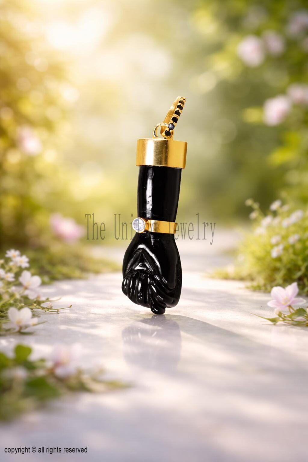 Carved Black Onyx Figa Hand Lucky Charm Pendant 925 Sterling Silver Jewelry