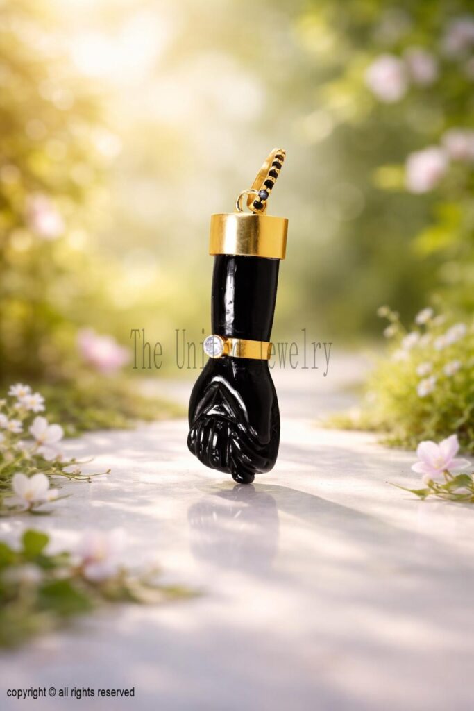 Carved Black Onyx Figa Hand Lucky Charm Pendant 925 Sterling Silver Jewelry