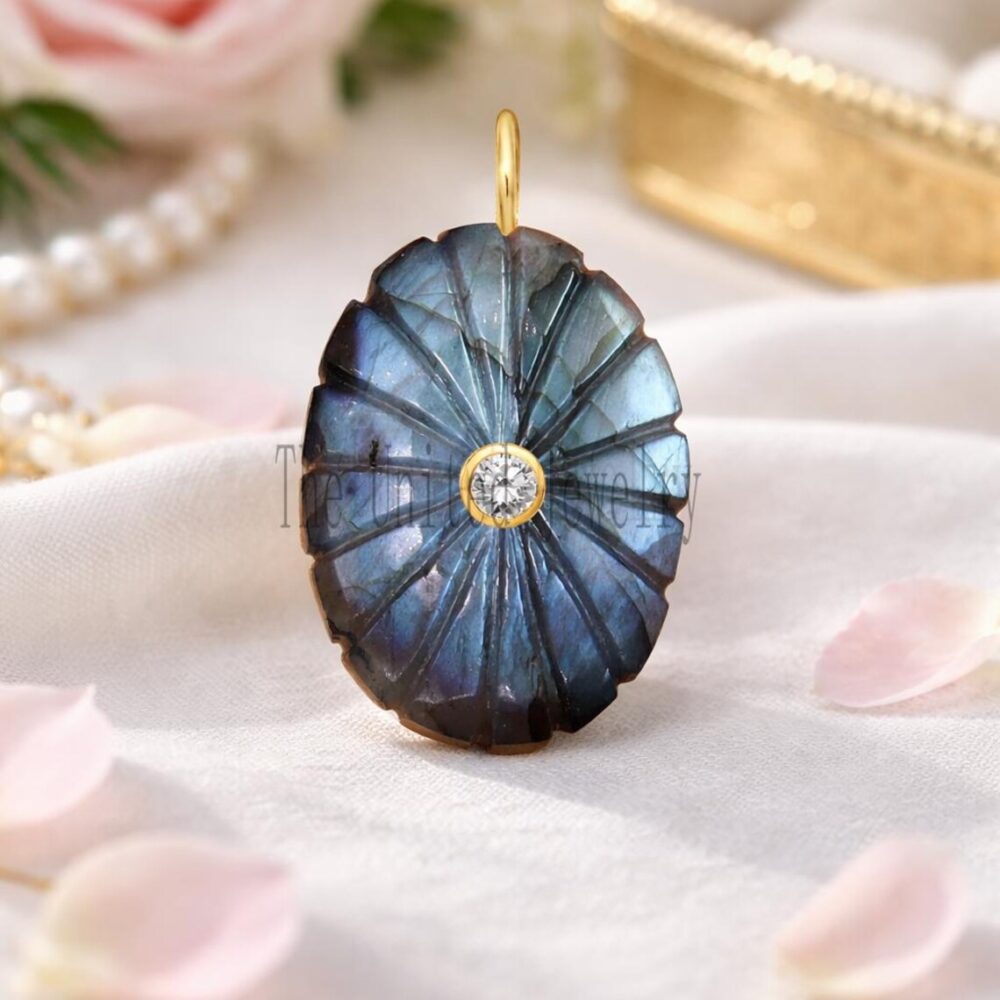 925 Sterling Silver Yellow Gold Plated Labradorite Carving Charm Pendant