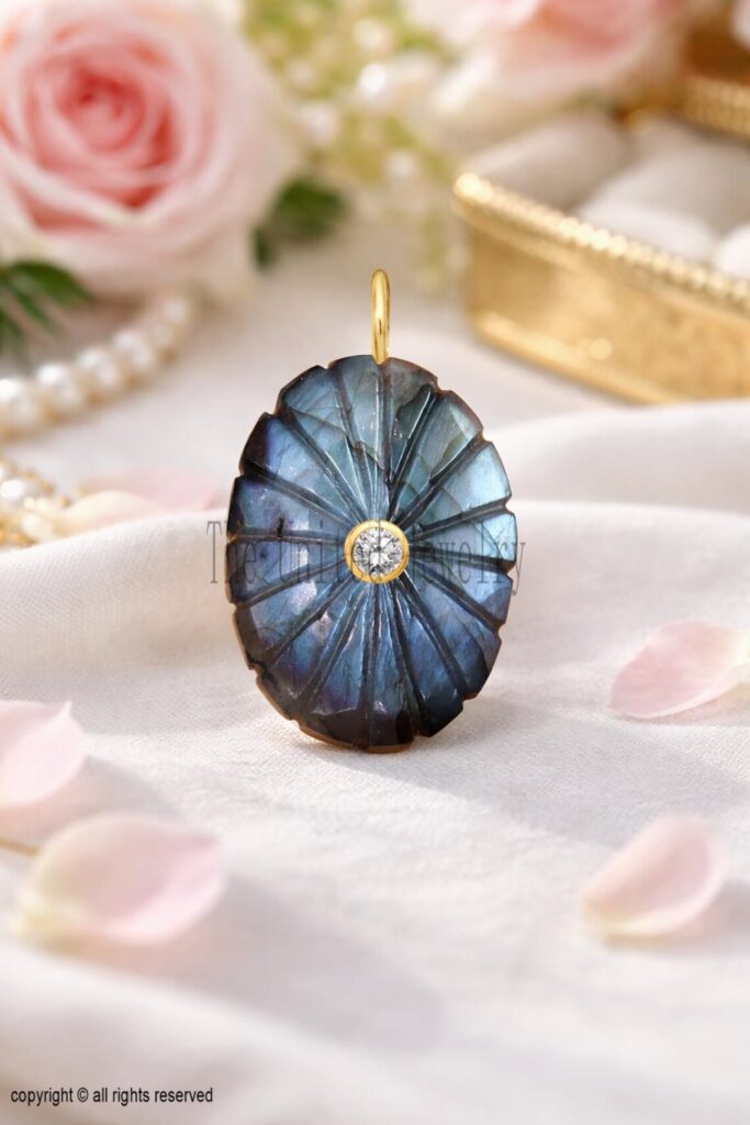 925 Sterling Silver Yellow Gold Plated Labradorite Carving Charm Pendant