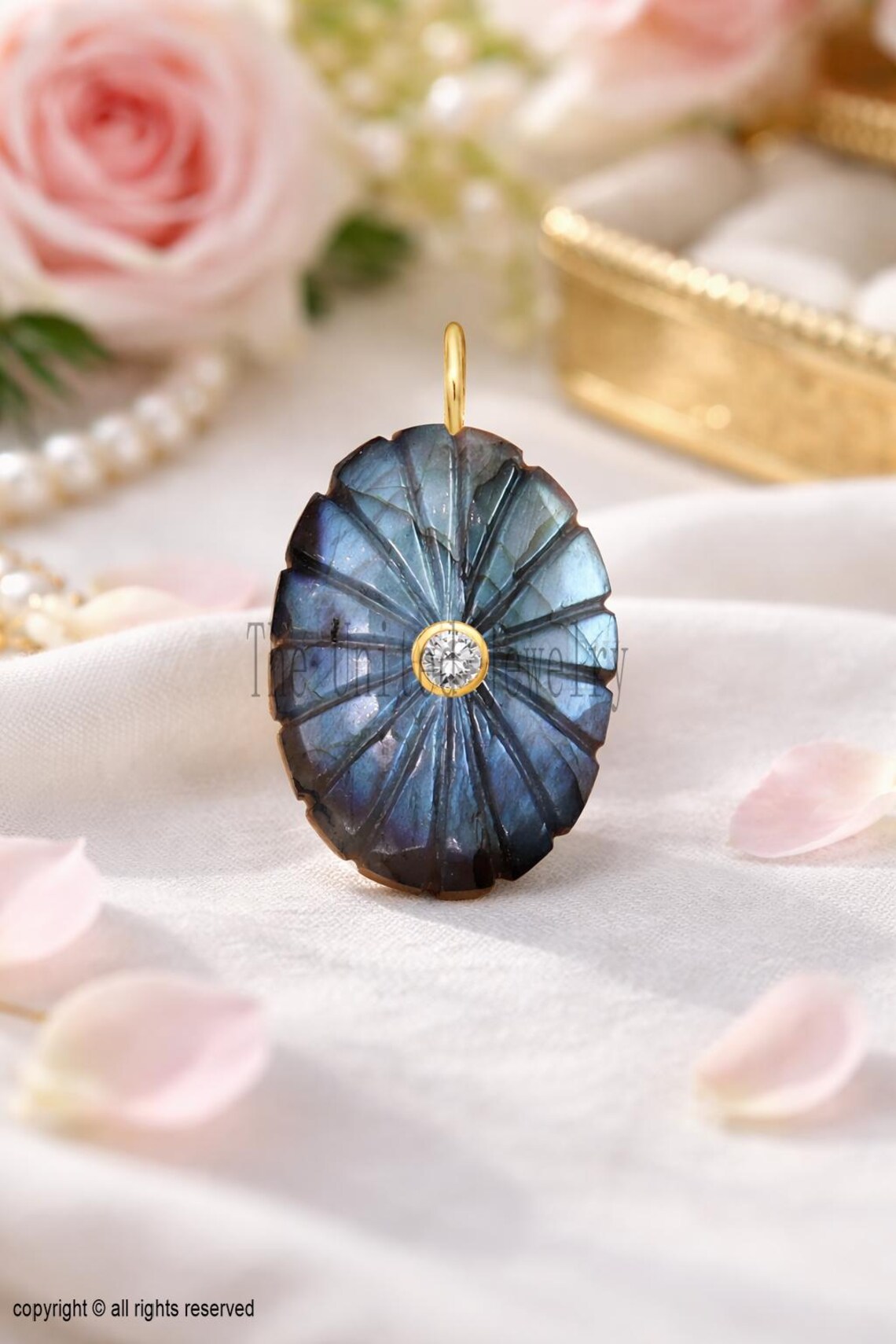 925 Sterling Silver Yellow Gold Plated Labradorite Carving Charm Pendant