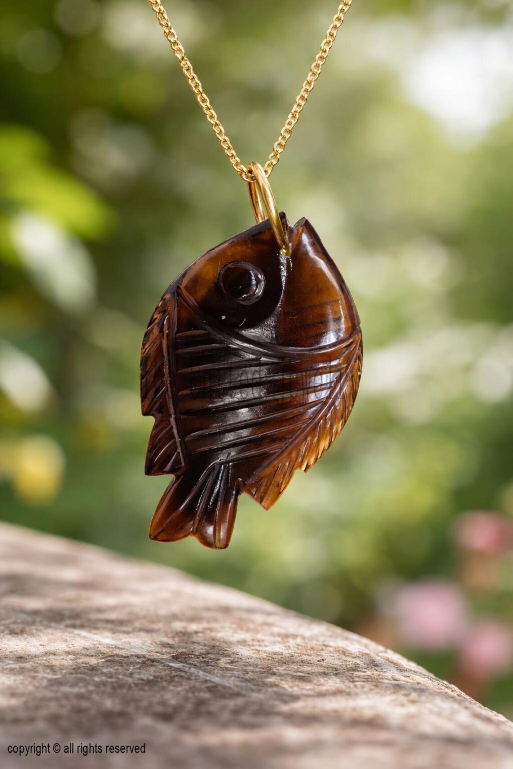 925 Sterling Silver Yellow Gold Plated Smoky Quartz Carving Fish Charm Pendant