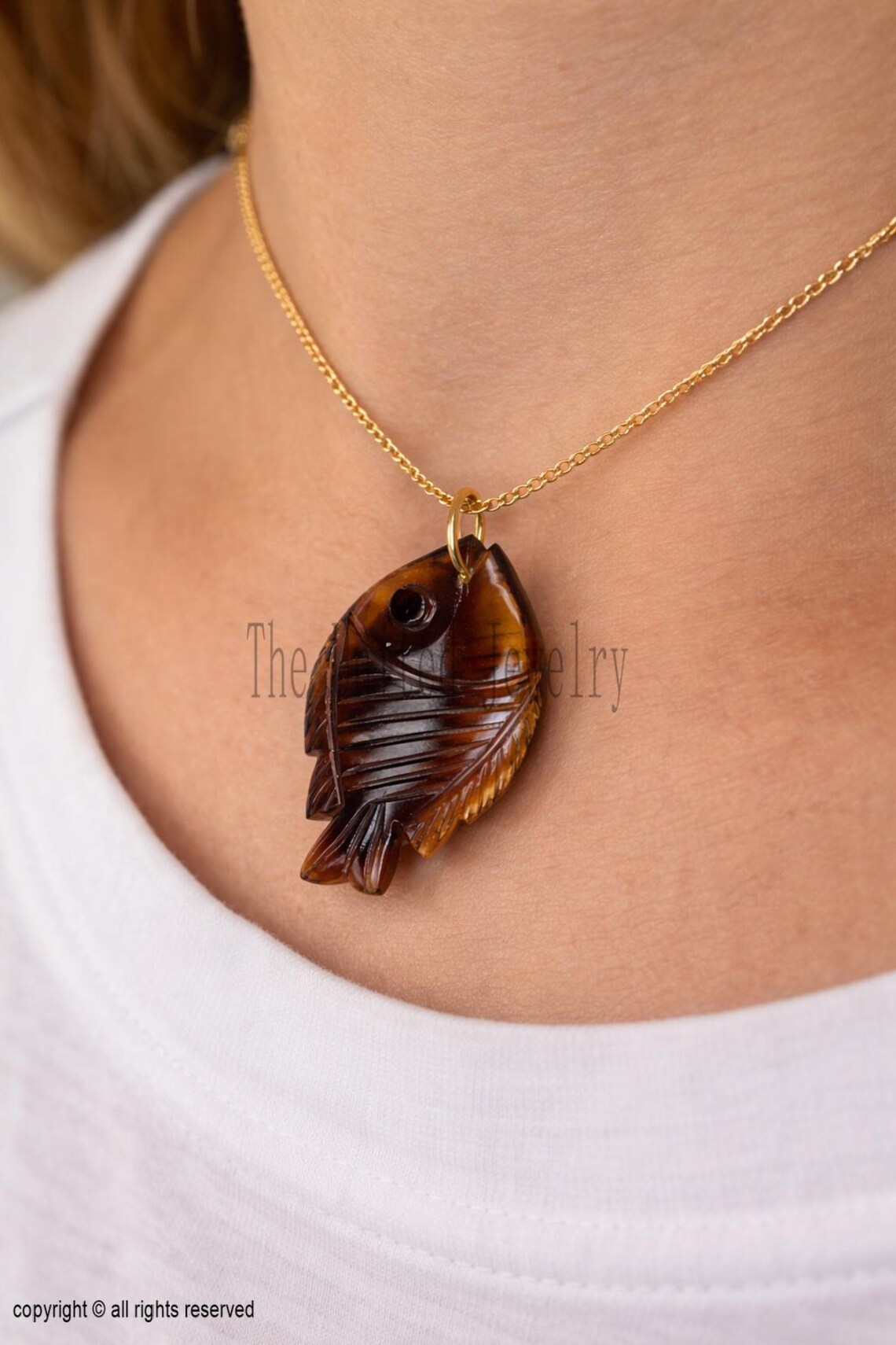 925 Sterling Silver Yellow Gold Plated Smoky Quartz Carving Fish Charm Pendant