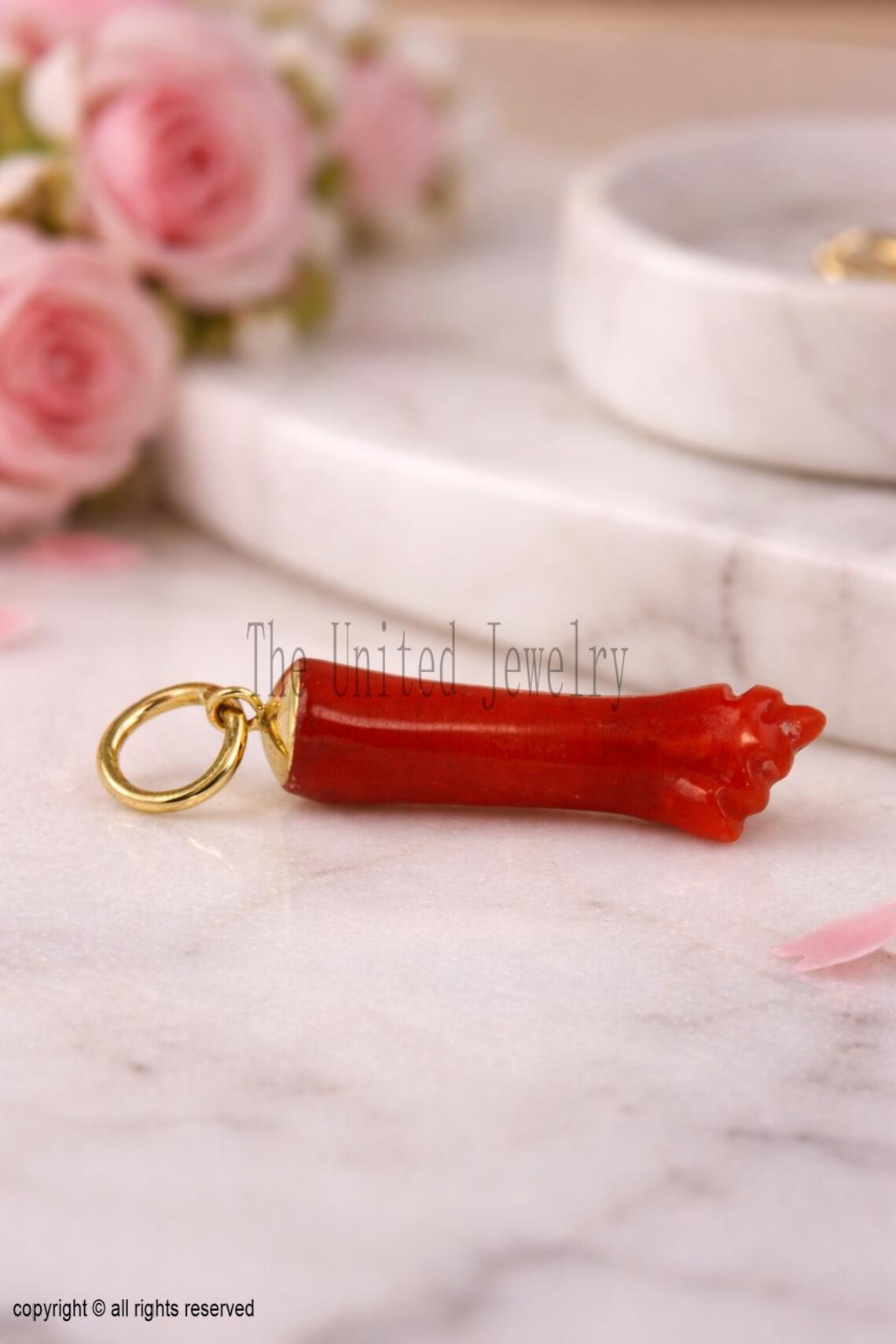 Carved Coral Figa Hand Lucky Charm Pendant 925 Sterling Silver Jewelry