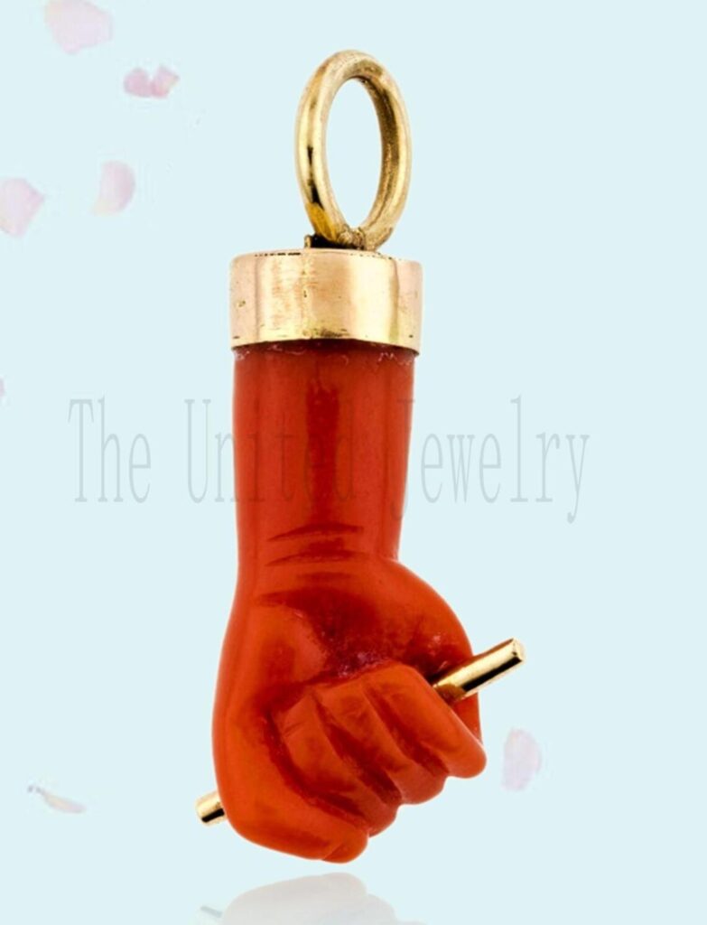 Carved Coral Figa Hand Lucky Charm Pendant 925 Sterling Silver Jewelry