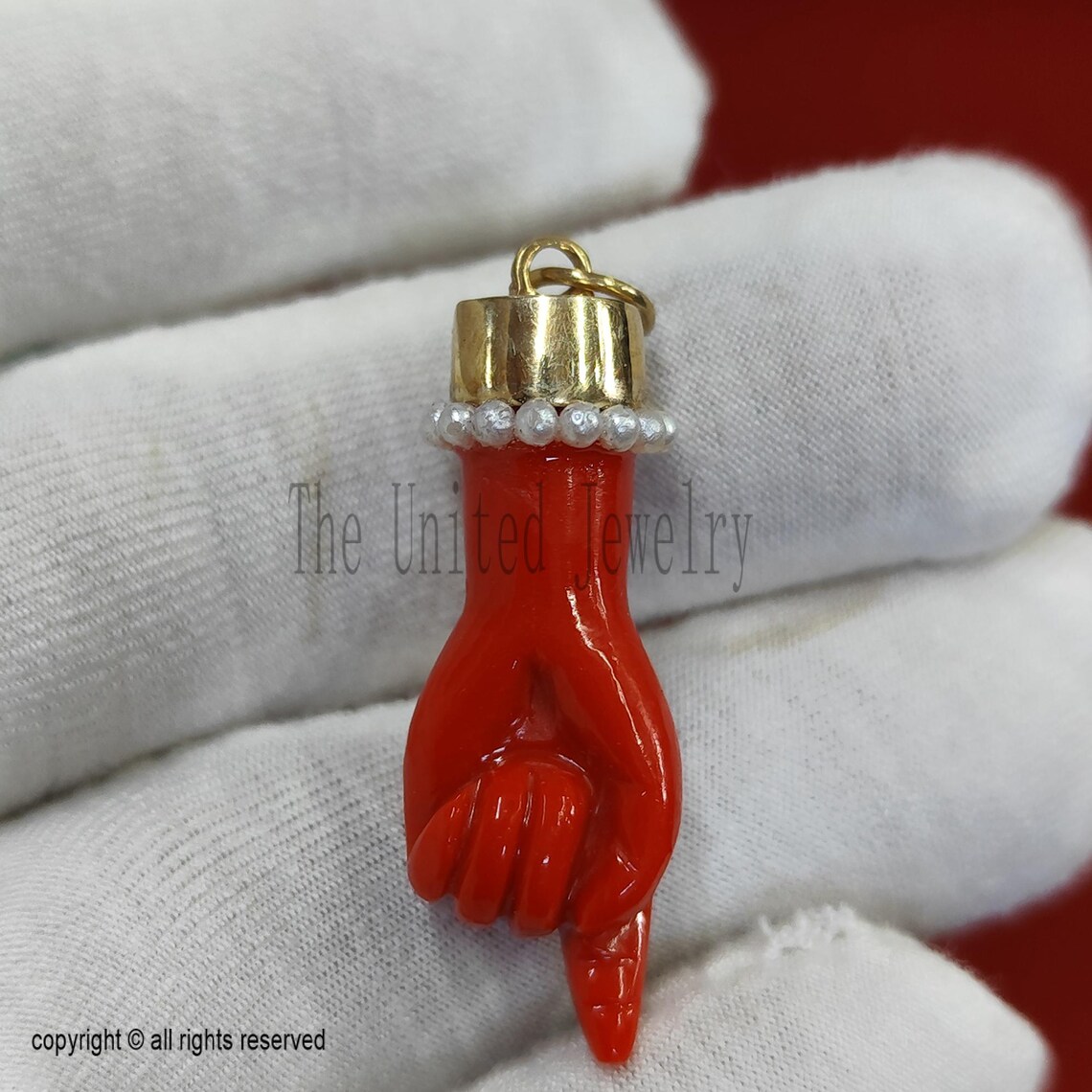 Gold Plated Sterling Silver Figa Hand Pendant: Italian Pearl Charm