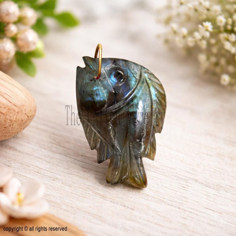 925 Sterling Silver Yellow Gold Plated Labradorite Carving Fish Charm Pendant