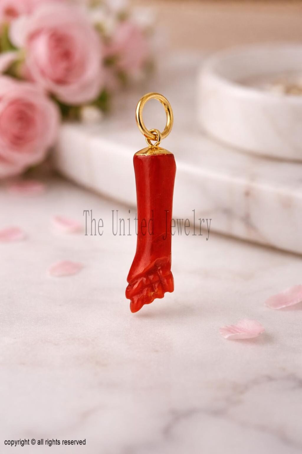Carved Coral Figa Hand Lucky Charm Pendant 925 Sterling Silver Jewelry