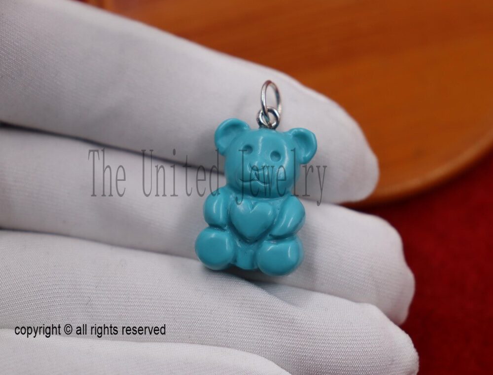 14K Gold Turquoise Heart Teddy Bear Charm Pendant: Dainty Whimsical Jewelry