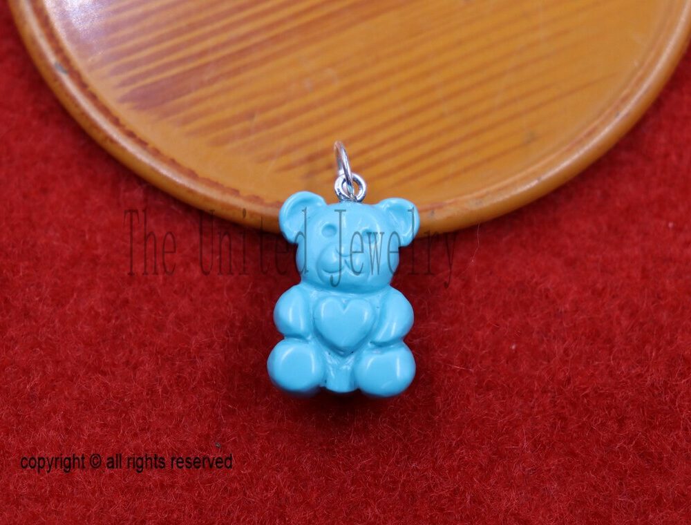 14K Gold Turquoise Heart Teddy Bear Charm Pendant: Dainty Whimsical Jewelry