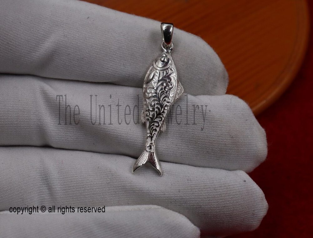 Sterling Silver Fish Pendant – Ornate Engraved Vintage Necklace