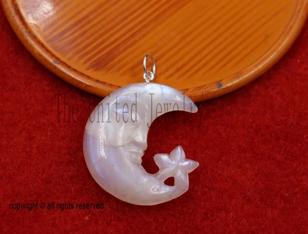 Hand-Carved Rainbow Moonstone Moon Face & Star Pendant with Gold Plated Bail – Celestial Jewelry Charm
