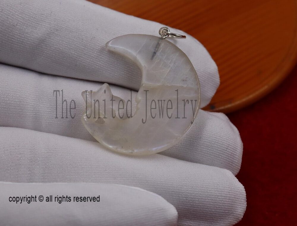 Hand-Carved Rainbow Moonstone Moon Face & Star Pendant with Gold Plated Bail – Celestial Jewelry Charm
