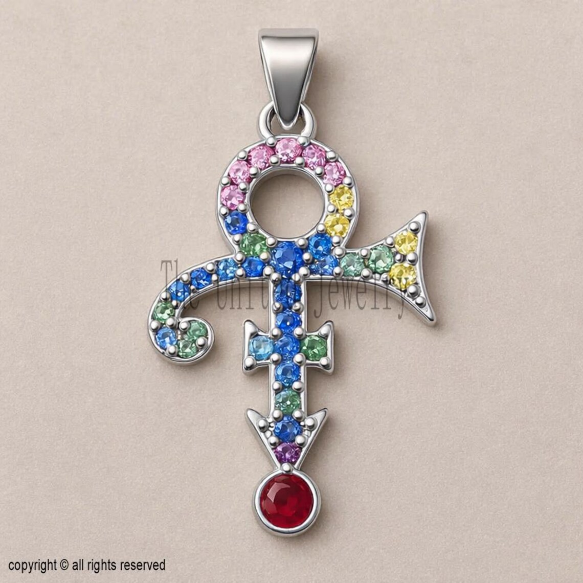 Gold Plated 925 Sterling Silver Prince Symbol Pendant, Multicolor Stone Love Symbol Necklace, Statement Jewelry Gift