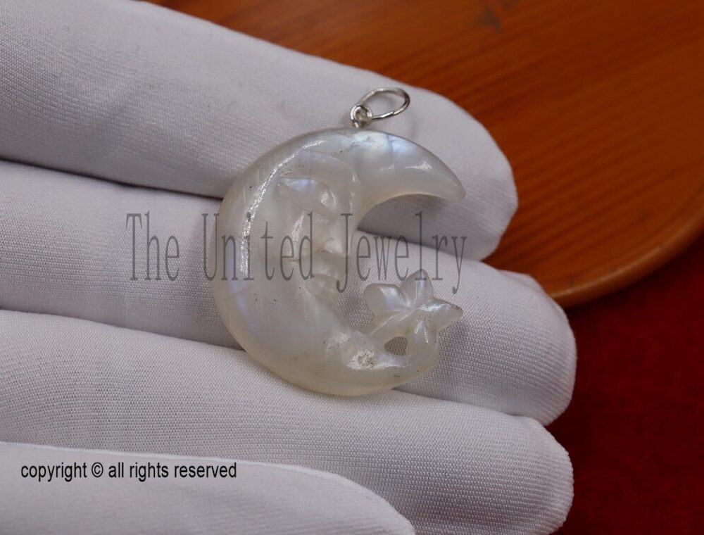 Hand-Carved Rainbow Moonstone Moon Face & Star Pendant with Gold Plated Bail – Celestial Jewelry Charm