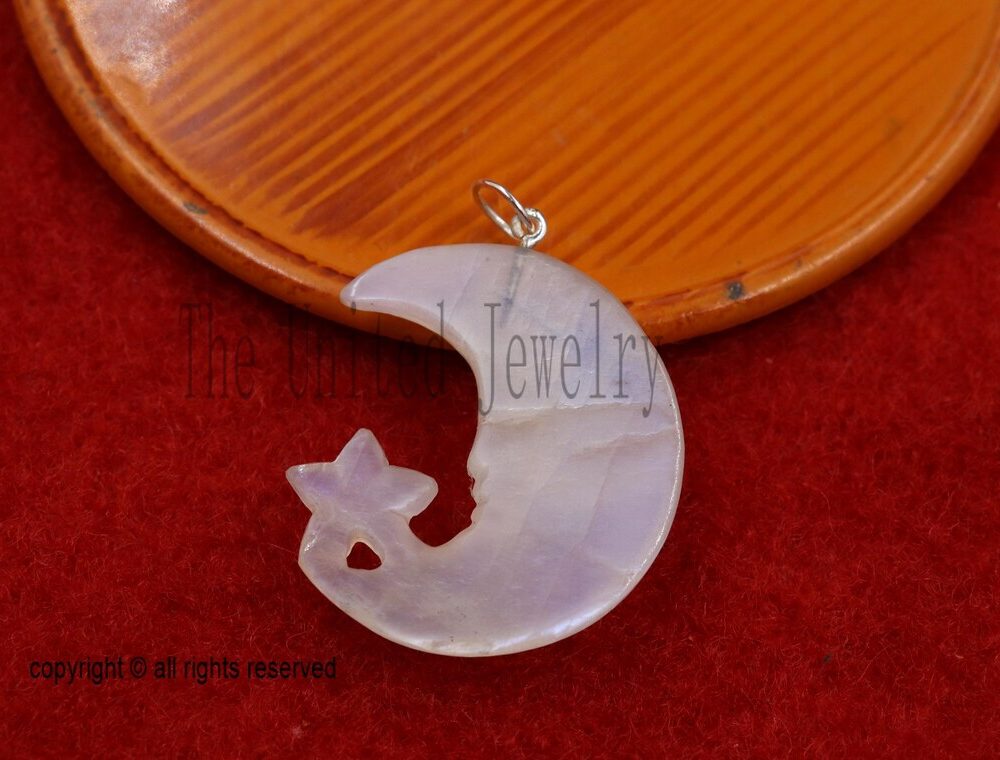Hand-Carved Rainbow Moonstone Moon Face & Star Pendant with Gold Plated Bail – Celestial Jewelry Charm