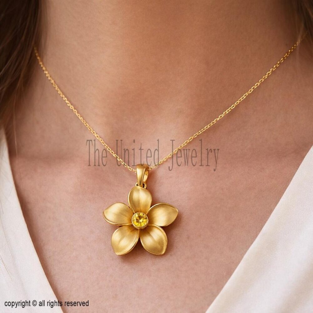 18K Gold Plated Sterling Silver Plumeria Pendant: Citrine Flower Charm