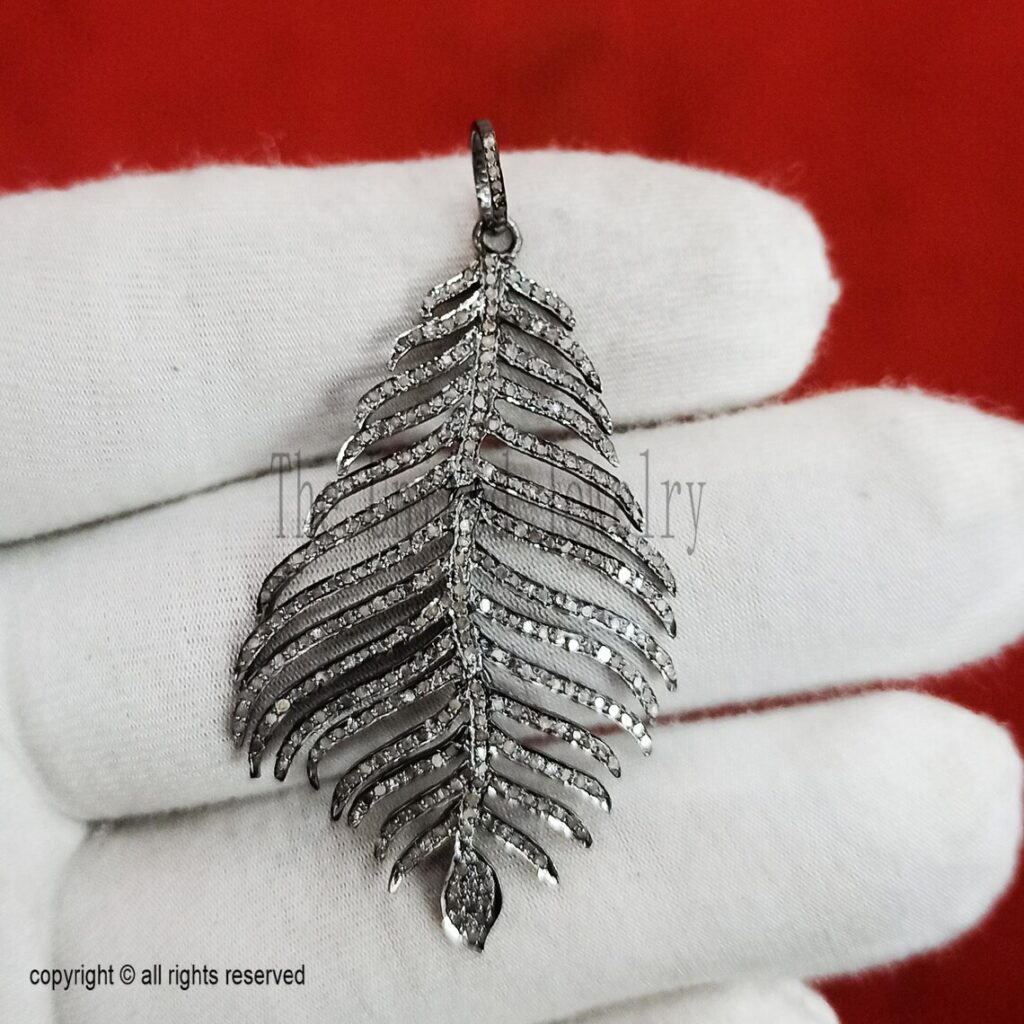 925 Sterling Silver Diamond Leaf Feather Pendant Jewelry