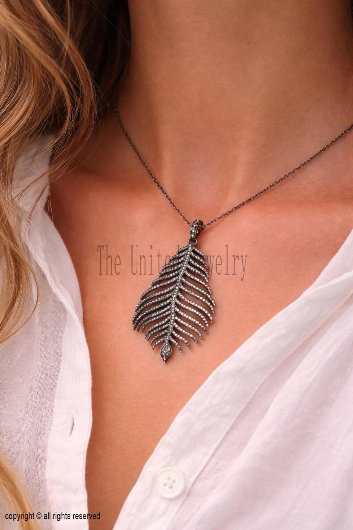 925 Sterling Silver Diamond Leaf Feather Pendant Jewelry