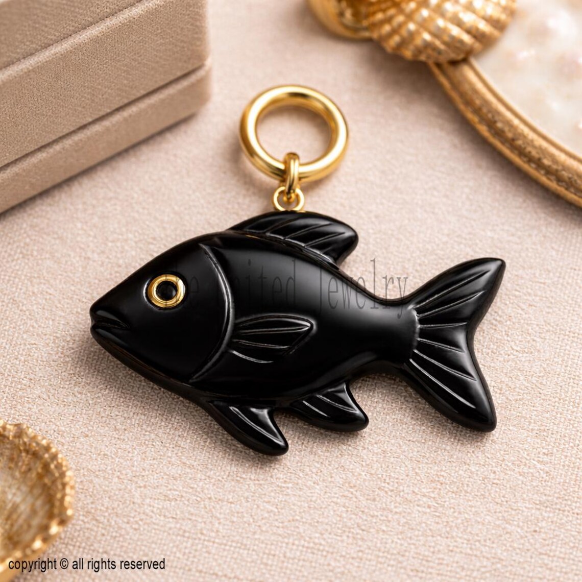 Black Onyx Fish Pendant: Gold Plated Sterling Silver, Nautical Charm