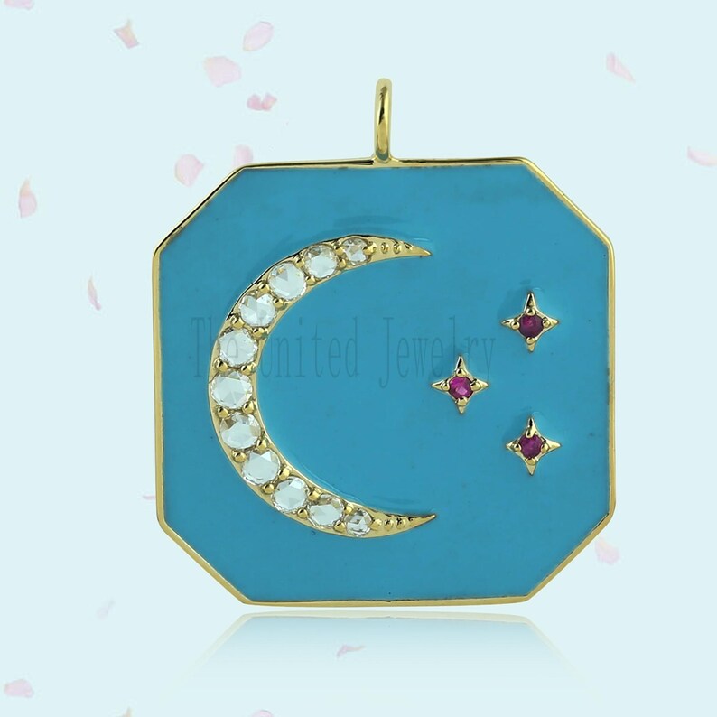 Micro Pave Diamond Crescent Moon Star Enamel Pendant 925 Sterling Silver Jewelry