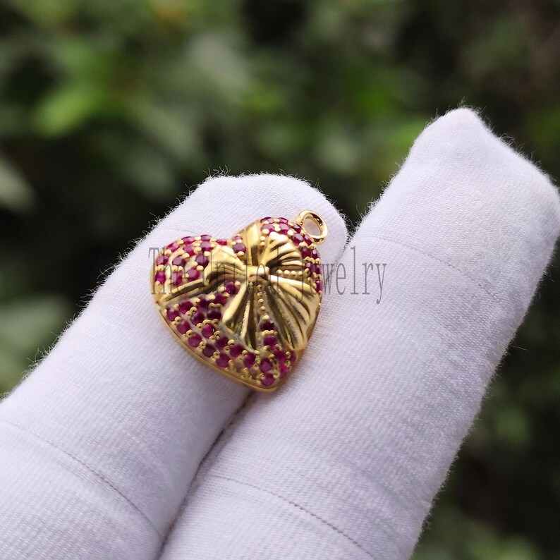 Handmade Pave Ruby Heart Pendant: Sterling Silver Yellow Gold Charm