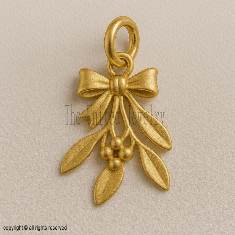 18K Gold Plated Bow Leaf Pendant Charm | 925 Sterling Silver Christmas Mistletoe Charm