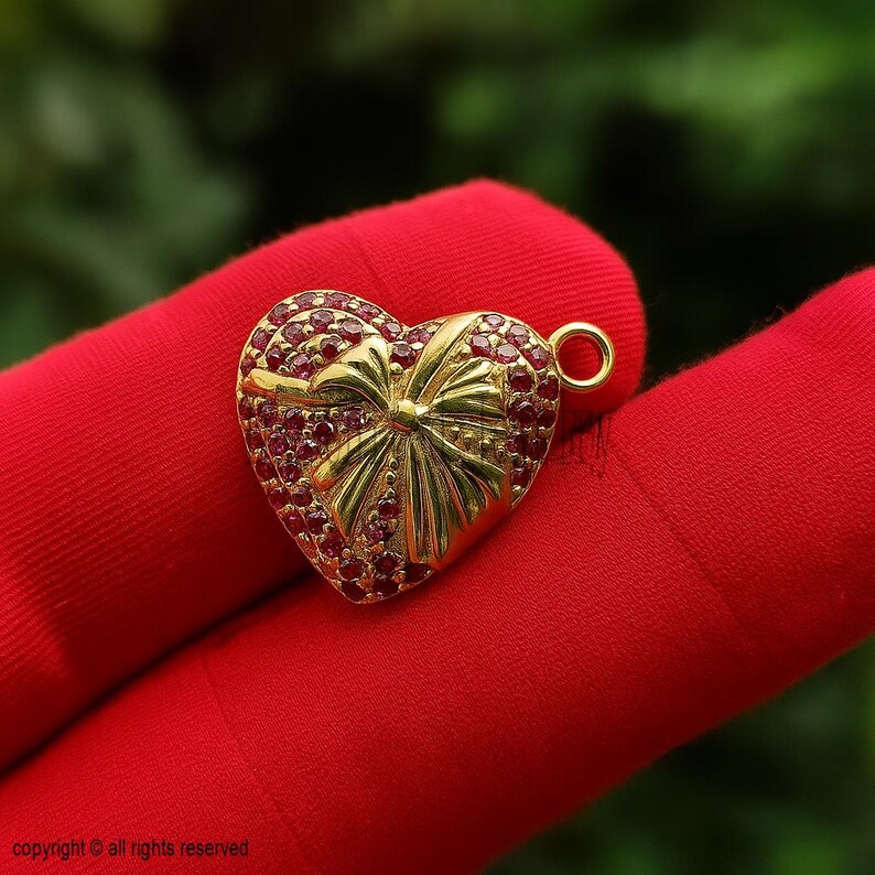 Handmade Pave Ruby Heart Pendant: Sterling Silver Yellow Gold Charm