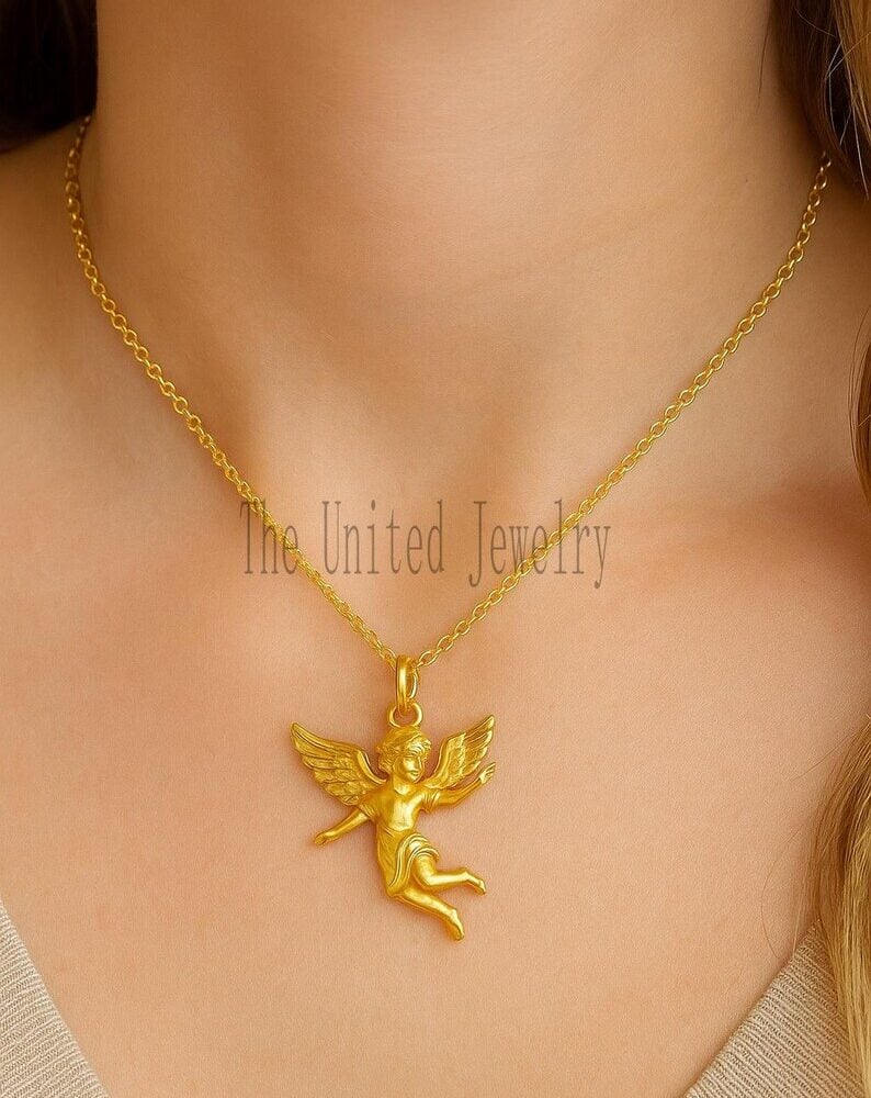 925 Sterling Silver Angel Pendant | Gold Plated Guardian Angel Charm
