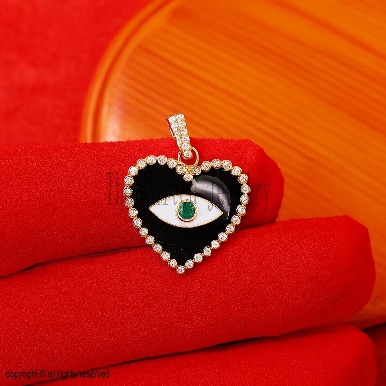 Black Enamel Evil Eye Heart Pendant • Gold Plated CZ Heart Charm • Protection Jewelry