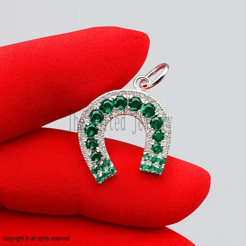 Handmade Sterling Silver Horseshoe Charm with Diamonds & Emeralds