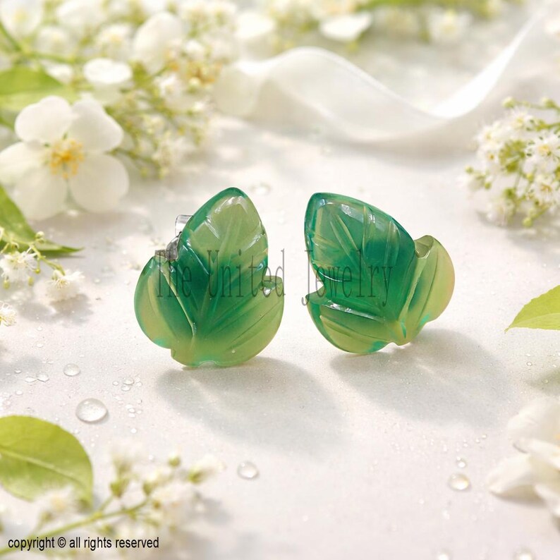 Handmade Carving Green Onyx Leaf Stud Earrings In 925 Sterling Silver