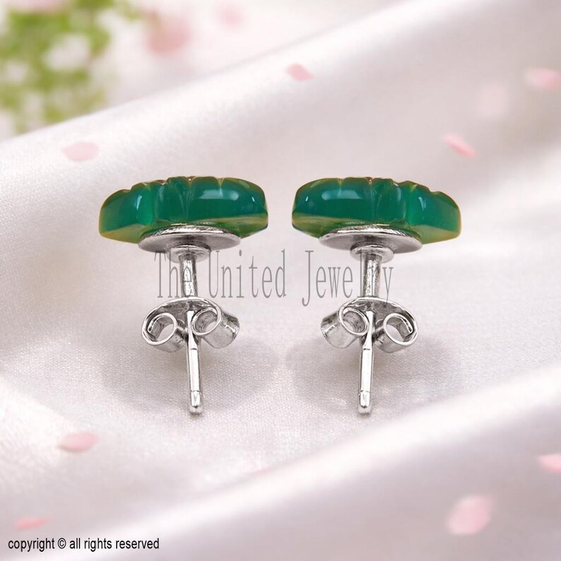 Handmade Carving Green Onyx Leaf Stud Earrings In 925 Sterling Silver