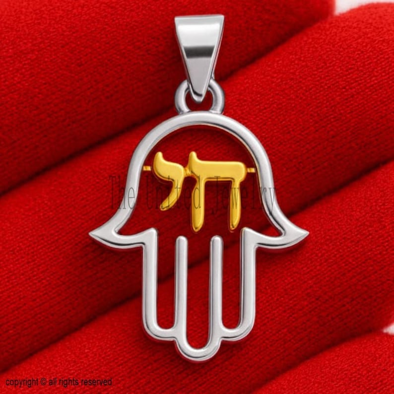 Gold Hamsa Pendant – Sterling Silver Hebrew Chai Jewish Amulet
