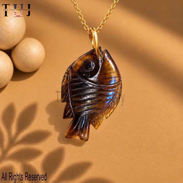 925 Sterling Silver Yellow Gold Plated Smoky Quartz Carving Fish Charm Pendant